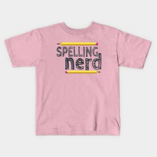 Spelling Nerd. Funny Statement for Proud Proper Spelling Lovers. Yellow Pencils with Black Letters. (White Background) Kids T-Shirt